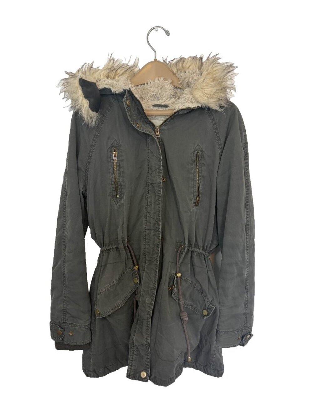 Vintage Tattoo Outerwear Military Jacket Y2K Olive Faux Fur Hood Size L M-65
